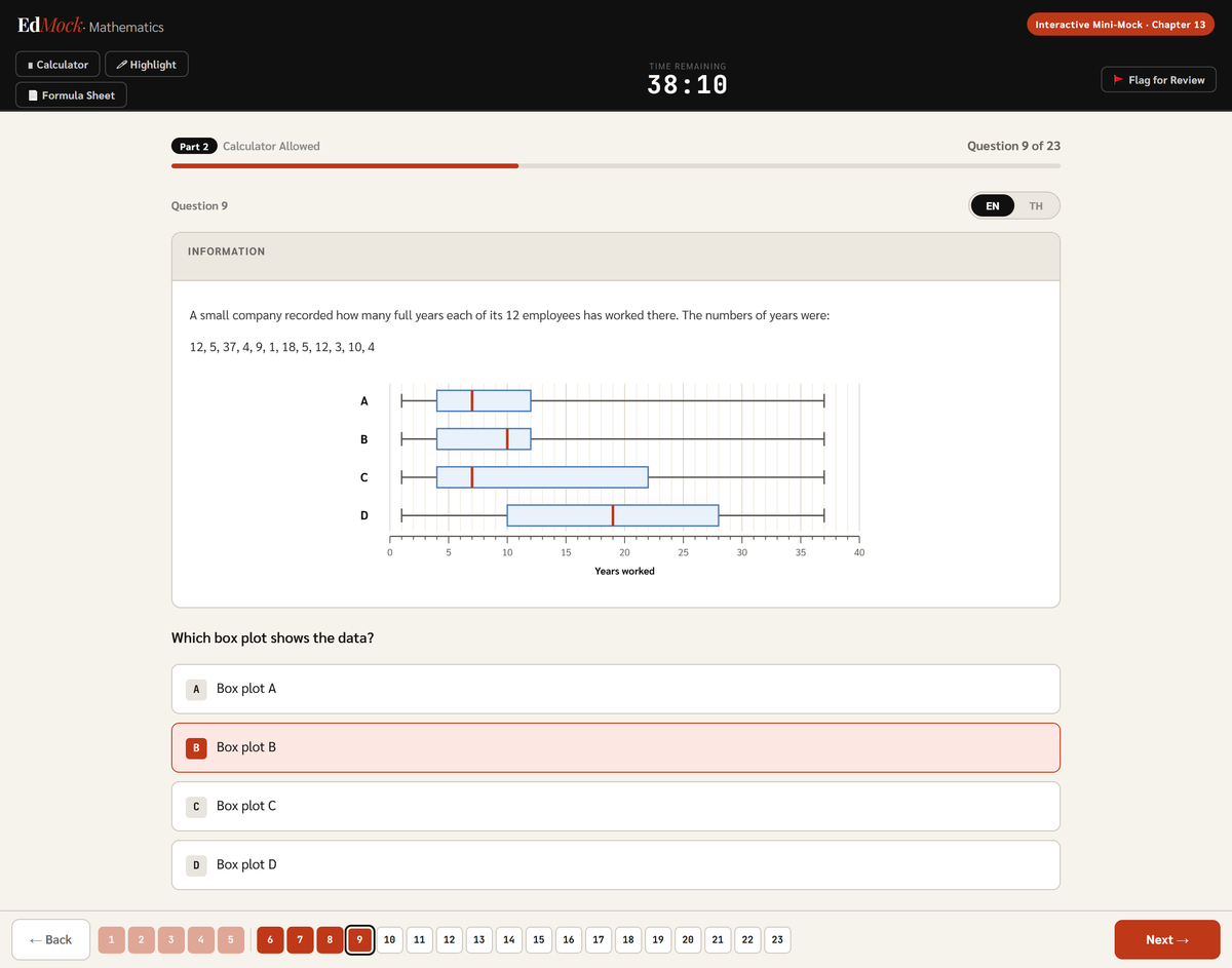 หน้าจอ Interactive Mini-Mock วิชา Math ของ EdMock แสดงเวลาที่เหลือ ปุ่ม Highlight และ Flag for Review พร้อมโจทย์และตัวเลือก