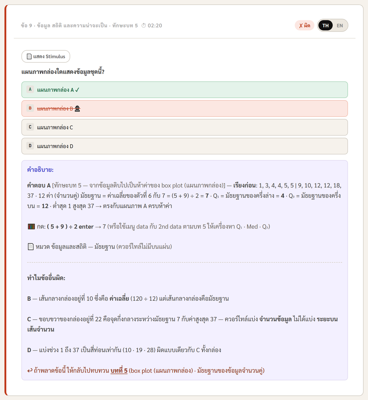 หน้าทบทวนรายข้อหลังส่งคำตอบ แสดงคำตอบของผู้ทำ คำตอบที่ถูก และเฉลยละเอียดทีละขั้น