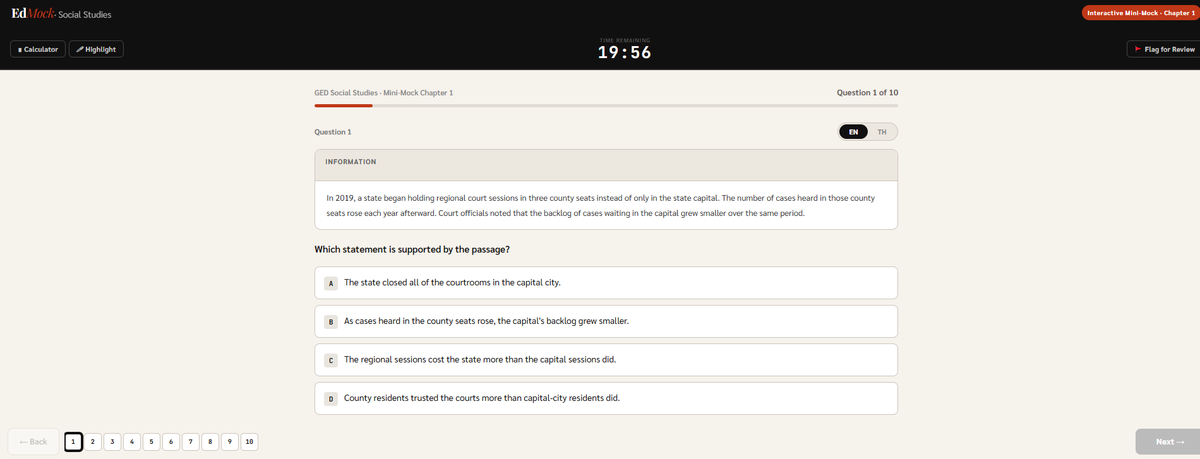 หน้าจอ Interactive Mini-Mock บทที่ 1 ของ EdMock แสดงเวลาที่เหลือ ปุ่ม Highlight และ Flag for Review พร้อมโจทย์และตัวเลือก A ถึง D